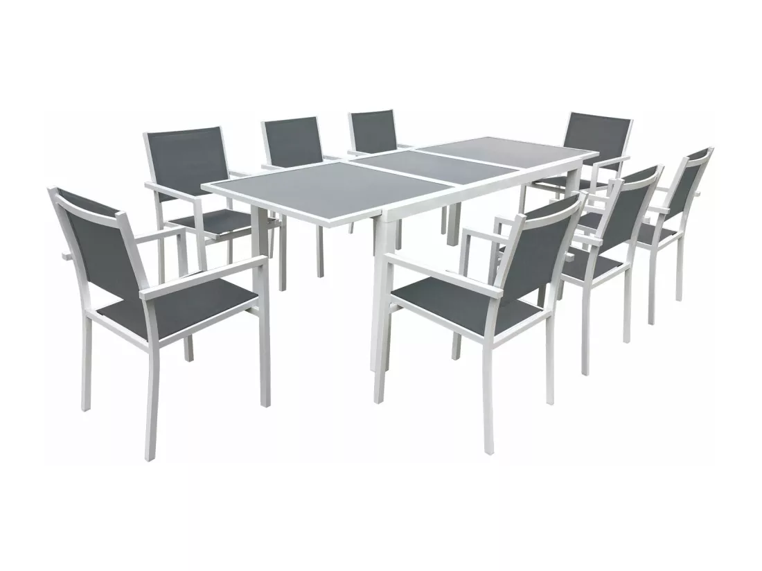 Salon de jardin FIRENZE extensible en textilène gris 8 places - aluminium blanc - HAPPY GARDEN