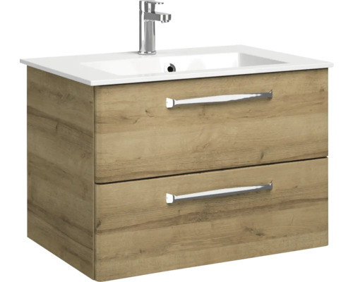Pelipal Kumba badkamermeubelset (B x H x D): 137 x 200 x 50 cm, frontkleur: Riviera eiken, 5-delige set inclusief witte mineraalstenen wastafel, halfhoge kast en onderkast (99.770121472)