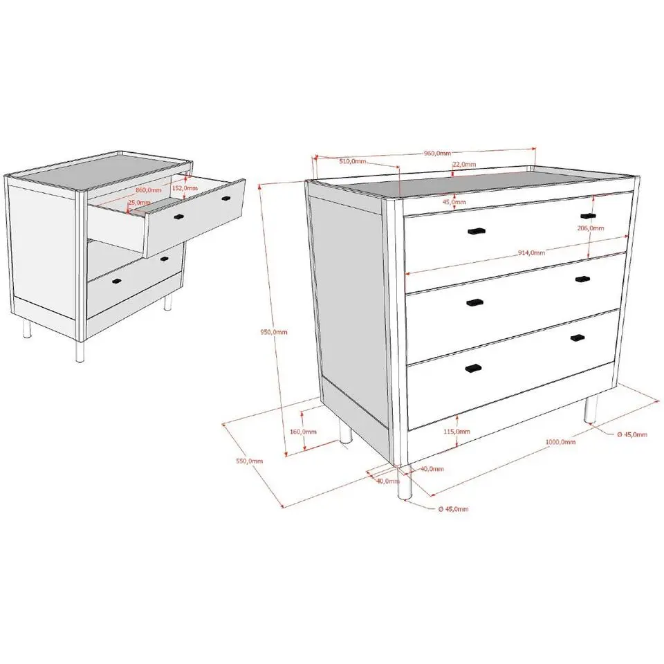 Commode Forrest - 3 lades - massief beukenhout - wit