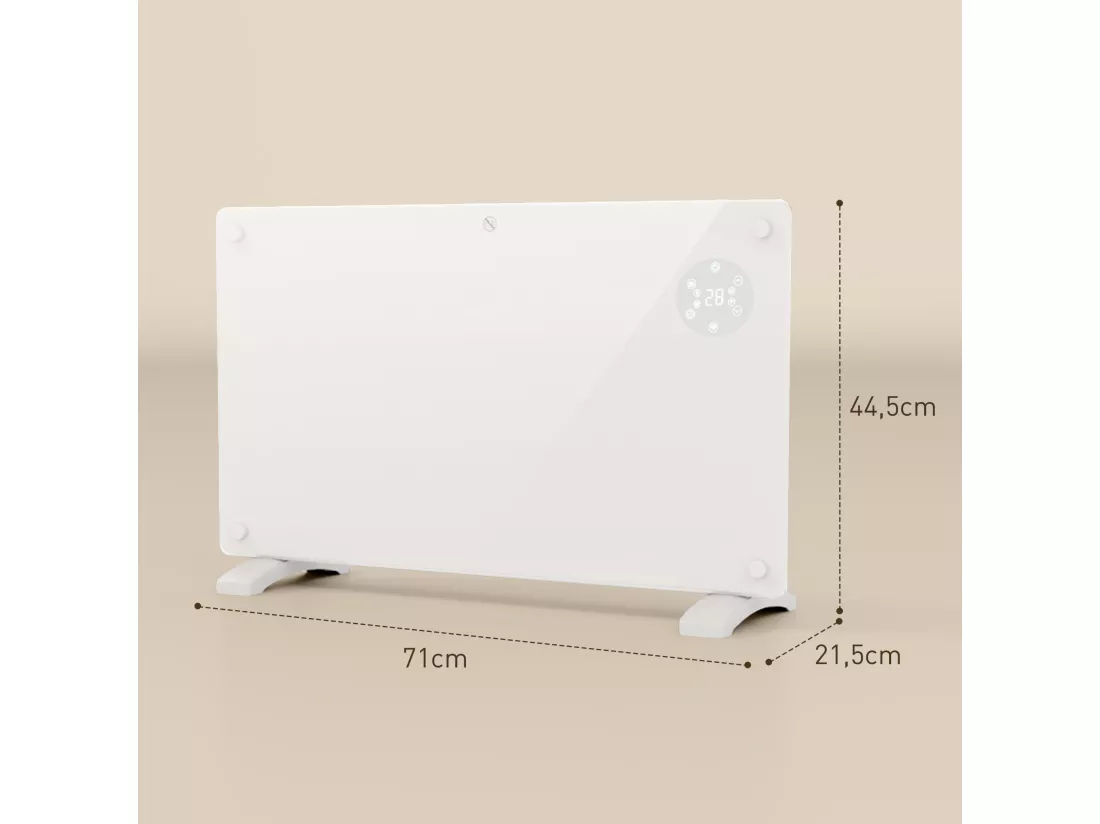 Radiateur à convection 1500W mural autoportant - affichage LED, timer 24h, thermostat, télécommande - verre blanc