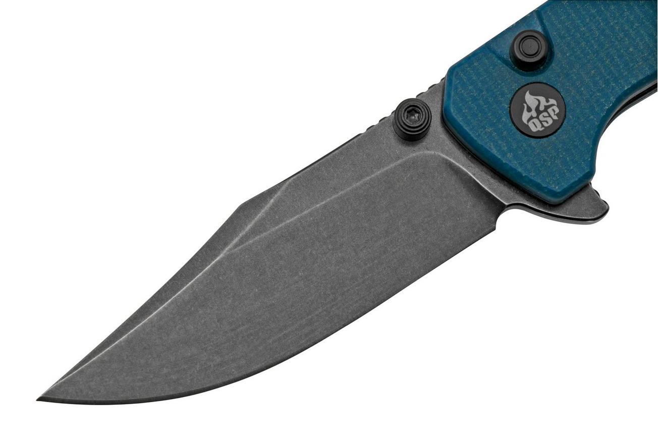 QSP Grebe QS147-B2, 14C28N zwart Clippoint blauw Micarta, zakmes