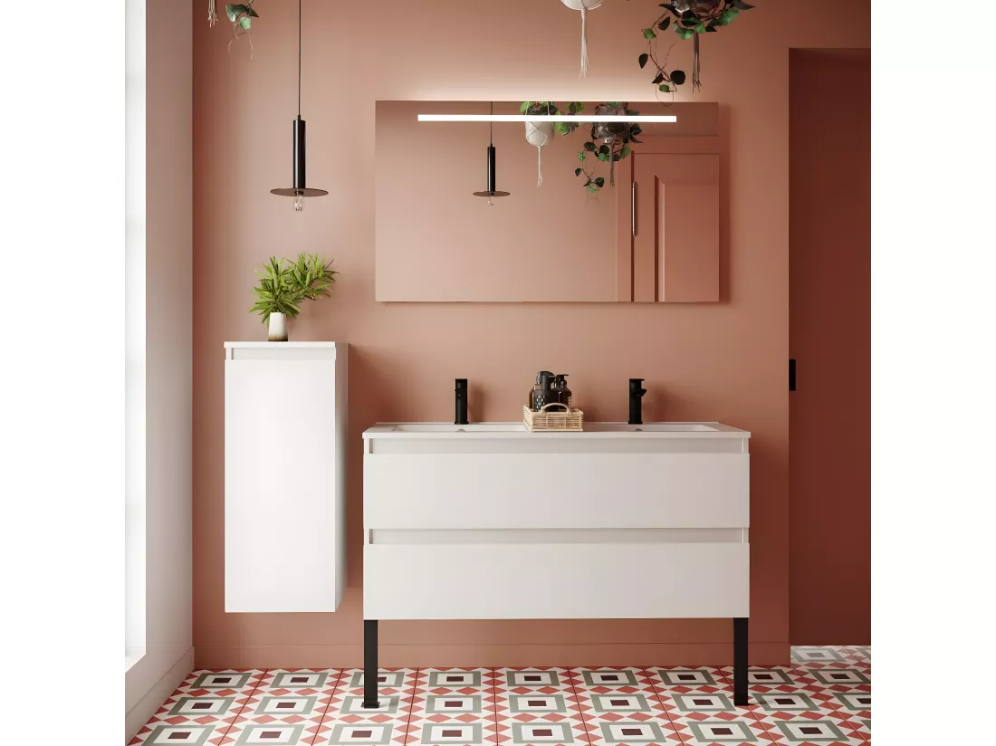 Meuble de salle de bain suspendu double vasque intégrée 120cm 2 tiroirs Blanc - Hudson