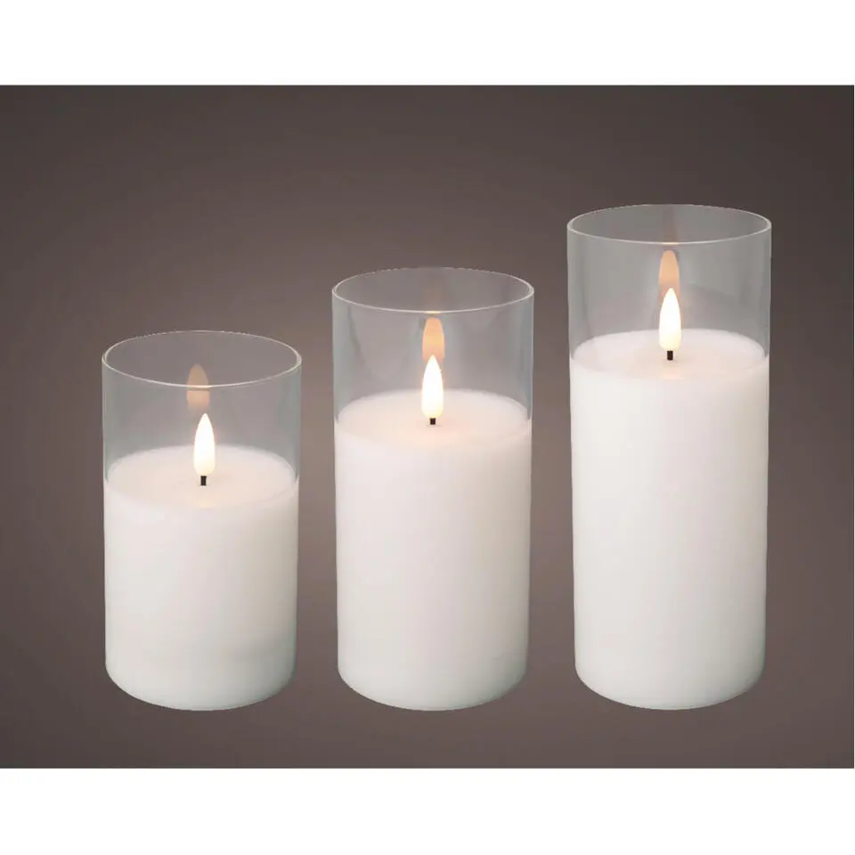 Lumineo LED stompkaarsen - 3x - wit- in glas - met timer