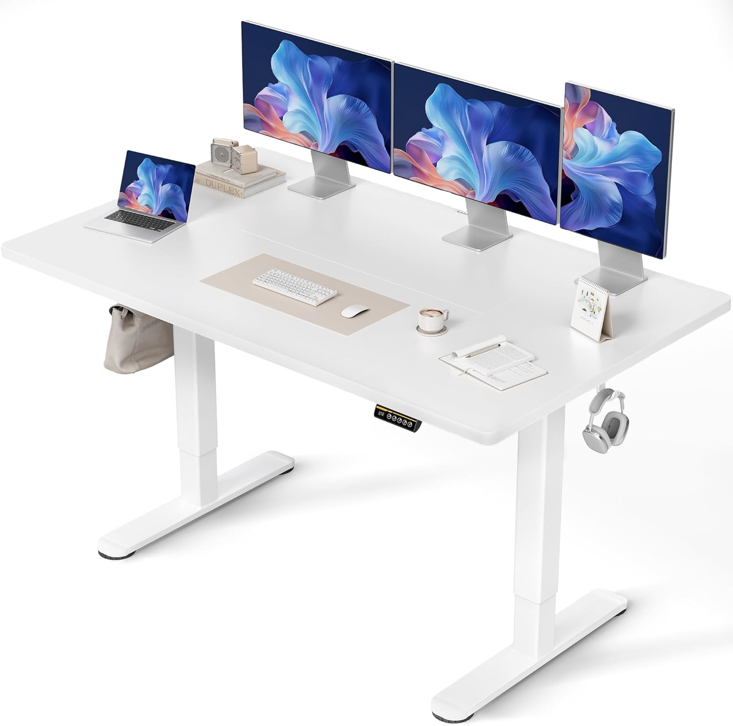 Claiks Höhenverstellbarer Schreibtisch 160 x 80 cm (FSC®), 80KG Tragkraft Schreibtisch Höhenverstellbar mit 2 Haken und 3 Memory-Funktion, Standing Desk mit Leiser Motor für Home Office, Weiß