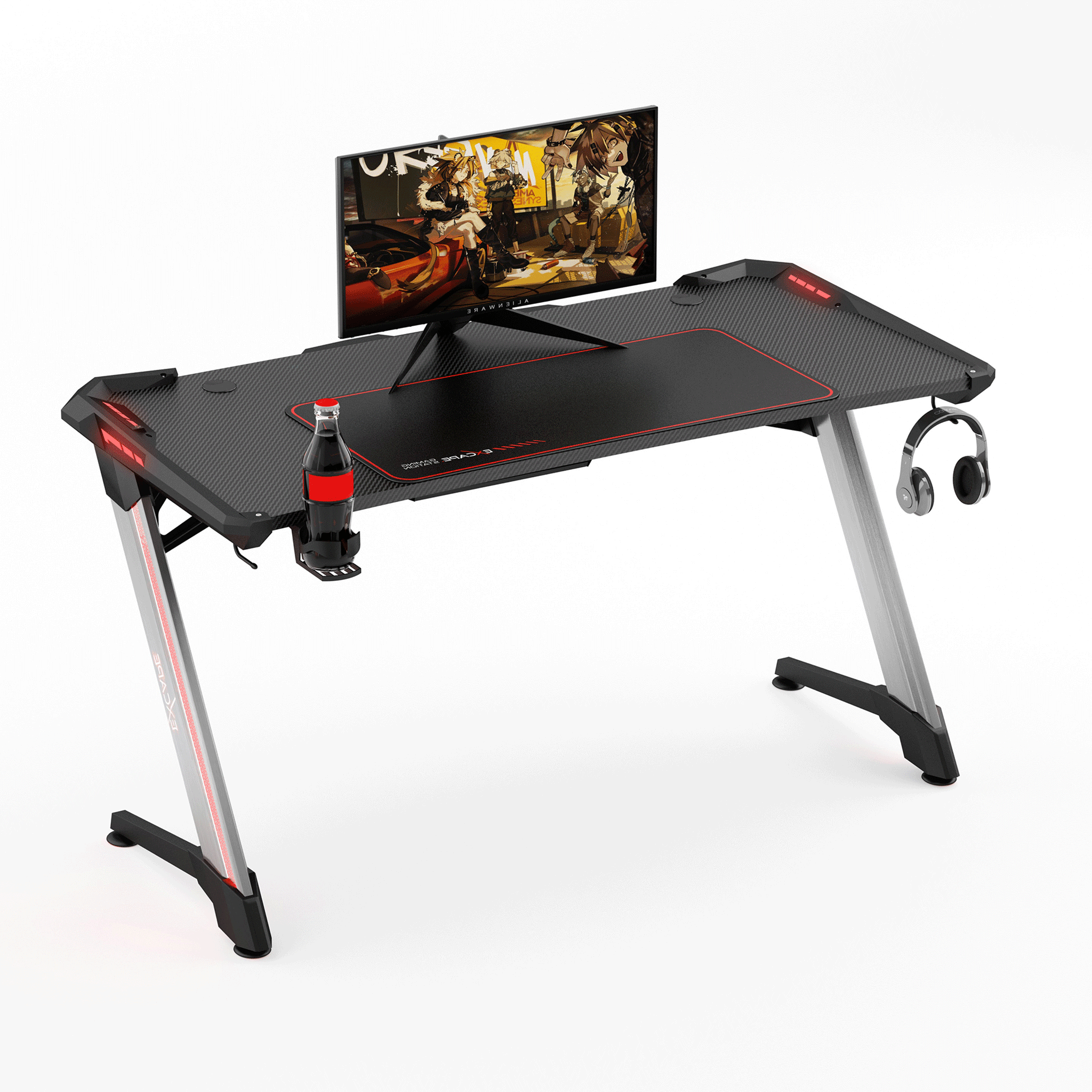 EXCAPE Gaming Tisch Z12 ULTRA mit LED/RGB Beleuchtung 120cm Breit, Carbon-Optik, Schreibtisch Gaming, Gamingtisch Getränkehalter, Kopfhörerhalter, PC Tisch Gamer, Tischplatten / 120cm x 60xm