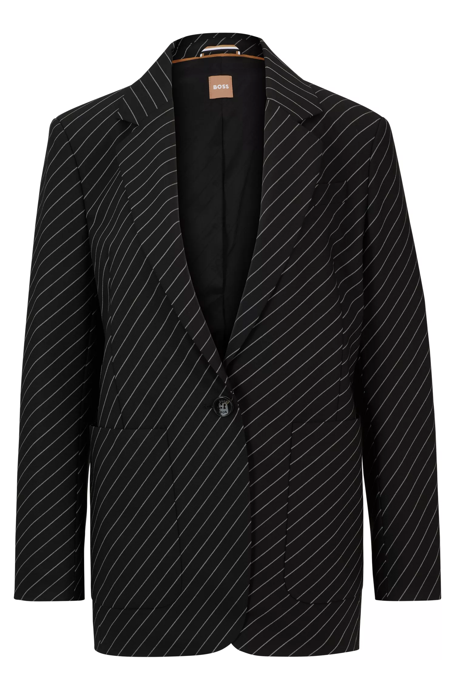 Jaqueta BOSS preta de modelagem oversized em lã elástica listrada.