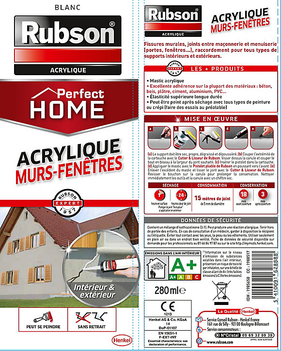 Lot de 2 Mastic Rubson Maison Acrylique Murs-Fenêtres blanc cartouche 280ml