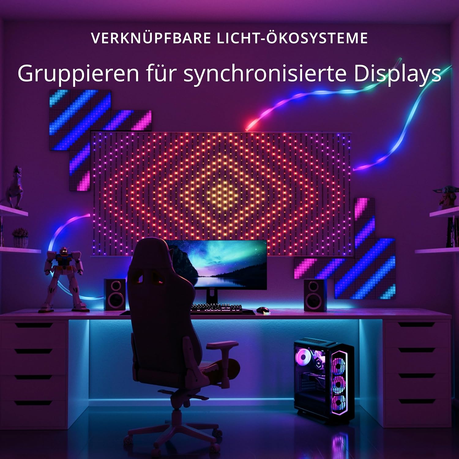 Twinkly Squares Starter Kit, RGB LED Paneelen, Enthält 1 Hauptpaneel und 5 Erweiterungspaneele, Kompatibel mit HomeKit, Alexa und  Home, Gaming- und Streaming-Lichter, 16M+ Farben