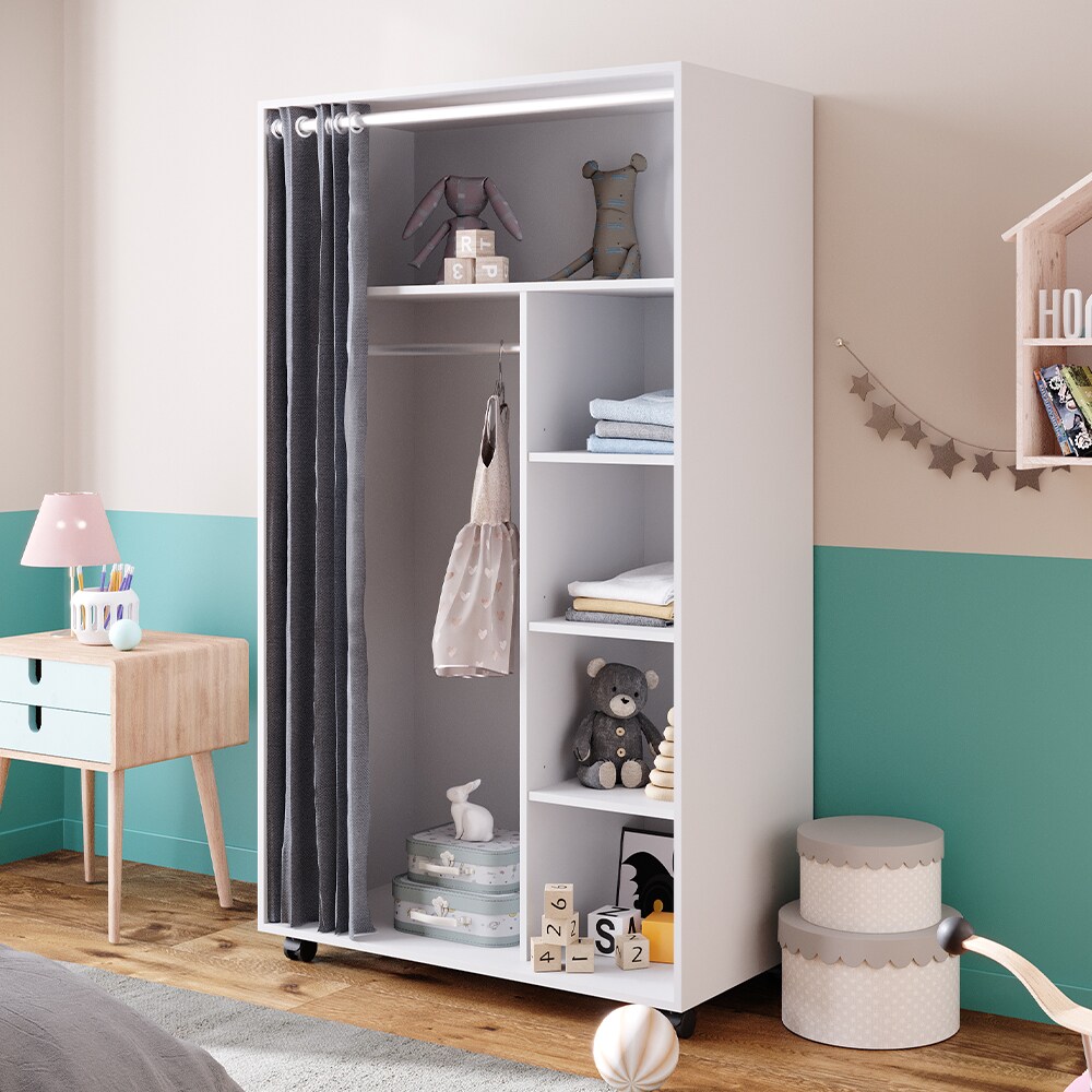 Vicco mobiler Kinderkleiderschrank Dielenschrank Garderobe Doros Weiß modern 100 x 168 cm offen rollbar
