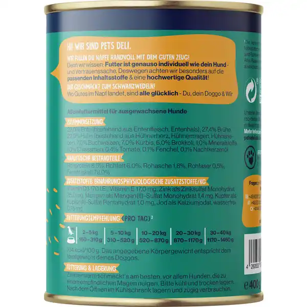 Nassfutter Ente mit Buchweizen, Kürbis, Fenchel & Chia für Hunde