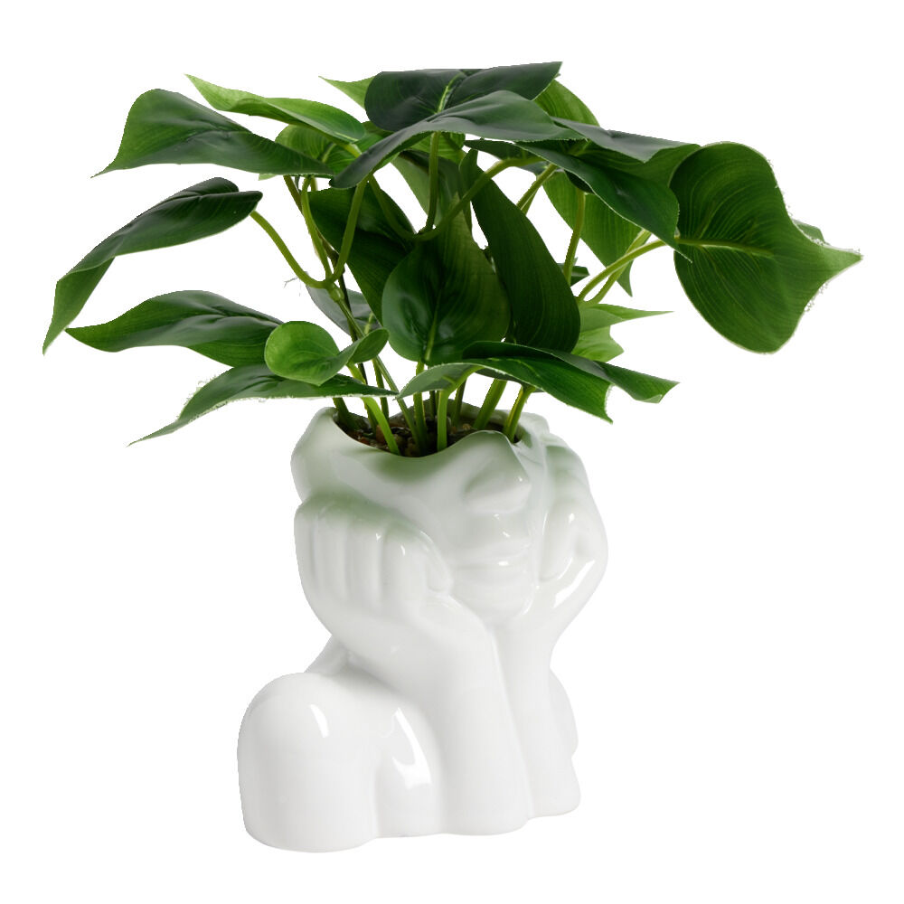 Pot en céramique visage blanc avec plante verte artificielle 14x9xH25cm
