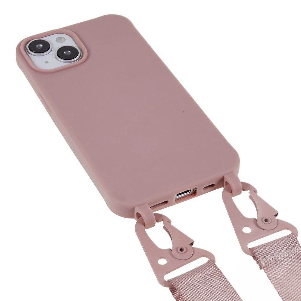 iPhone 14 Necklace Gummi Case Hülle   Handykette Nylon Strap (160cm) - Sandrosa