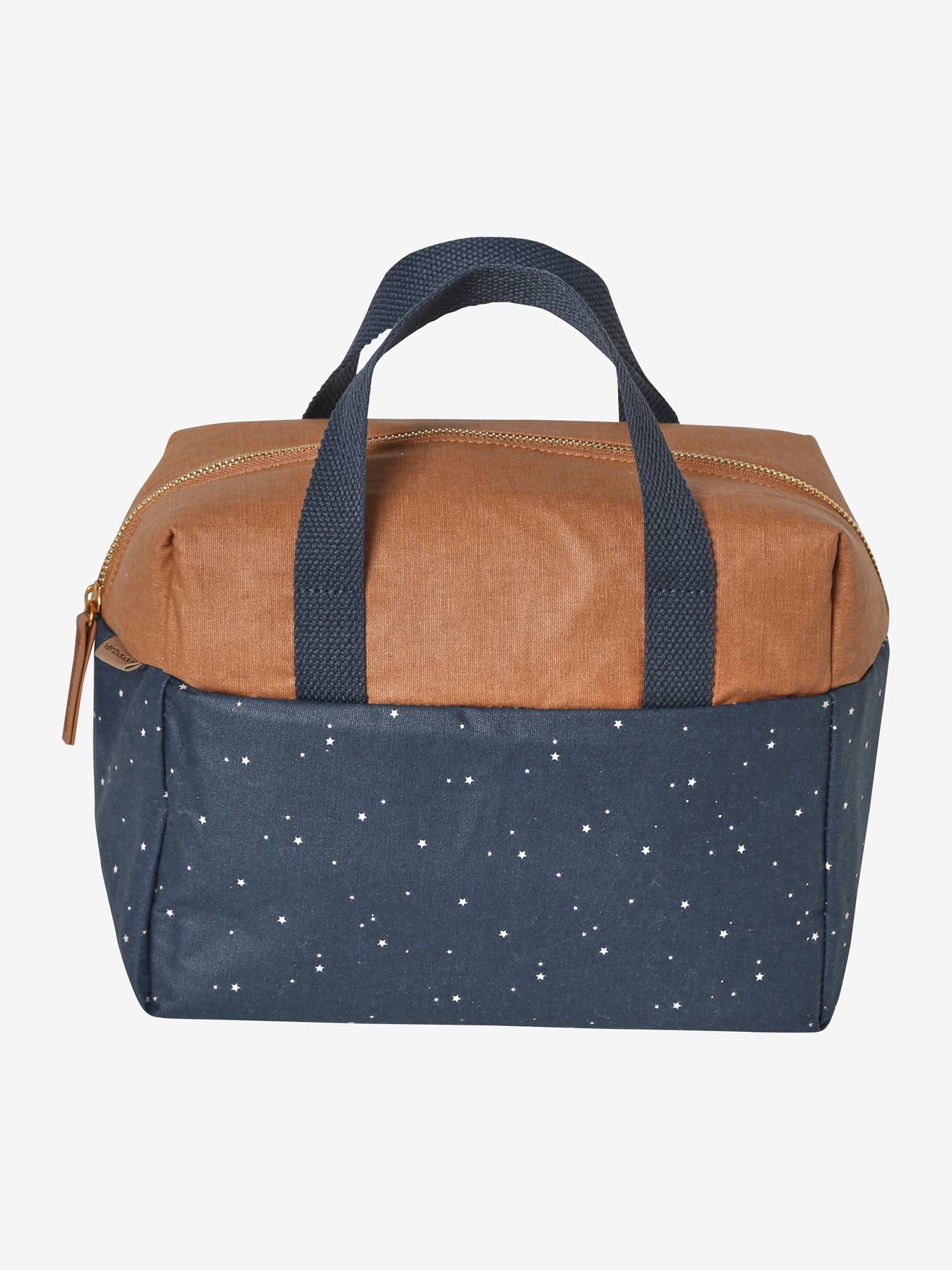 Lancheira de algodão bicolor com forro estampado azul escuro.