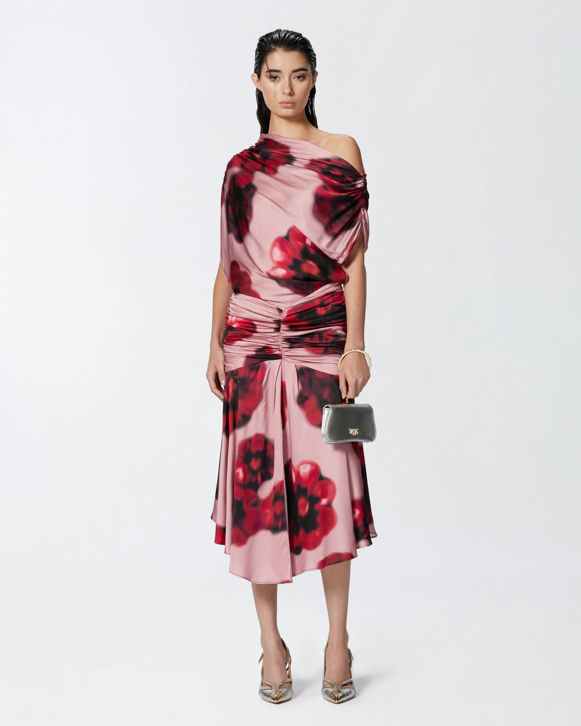 Robe midi drapée à imprimé floral dégradé | Multicolore