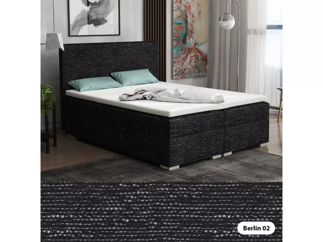 Lit Boxspring avec tiroirs de lit, Coffre de lit Topper Atlanta 160x200 cm, Berlin 02 (Noir et blanc mélangés)