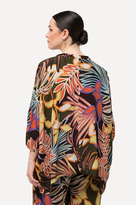 Bluse, Blätter, Oversized, Stehkragen, Halbarm