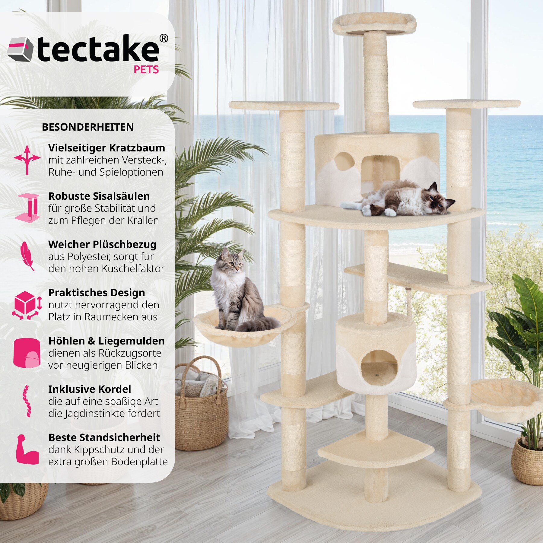tectake® Kratzbaum, 204 cm, mit 2 Katzenhäusern, inklusive Spielkordel und Kippschutz