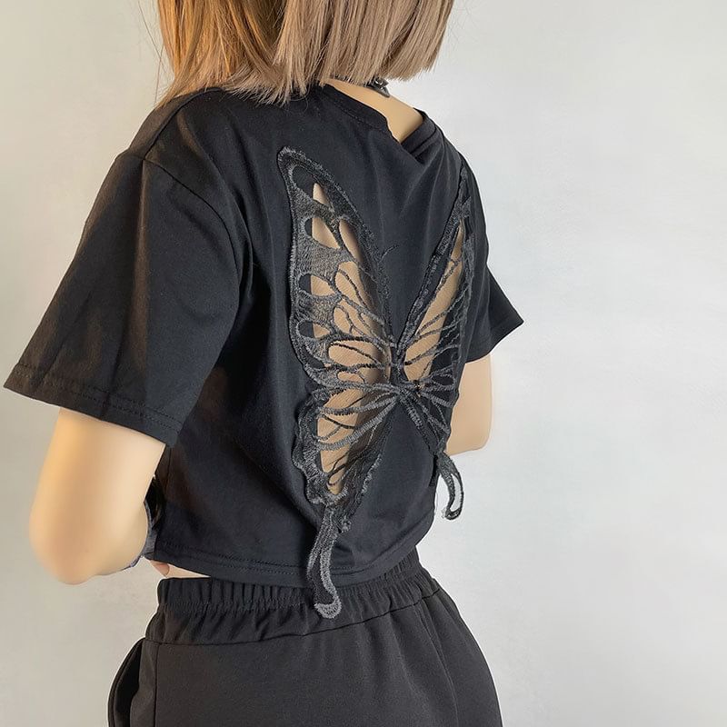 Sugarcoat - Kort T-shirt met vlinderuitsparing en korte mouwen