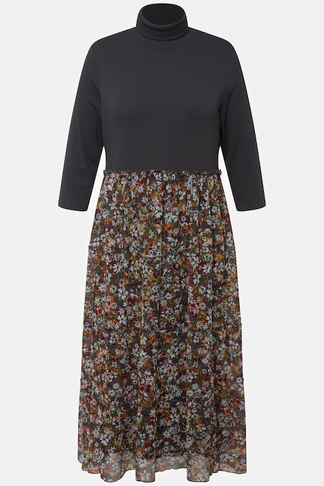 Midikleid, A-Linie, Rippjersey, Mesh, Stehkragen, 3/4-Arm