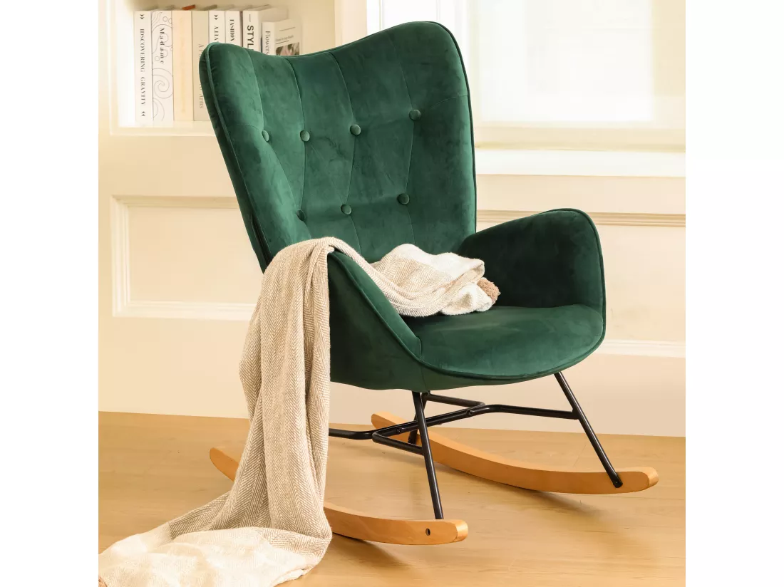 Fauteuil à bascule Scandinave velours vert pieds en bois clair EPPING KD VELVET GREEN WOOD LEG