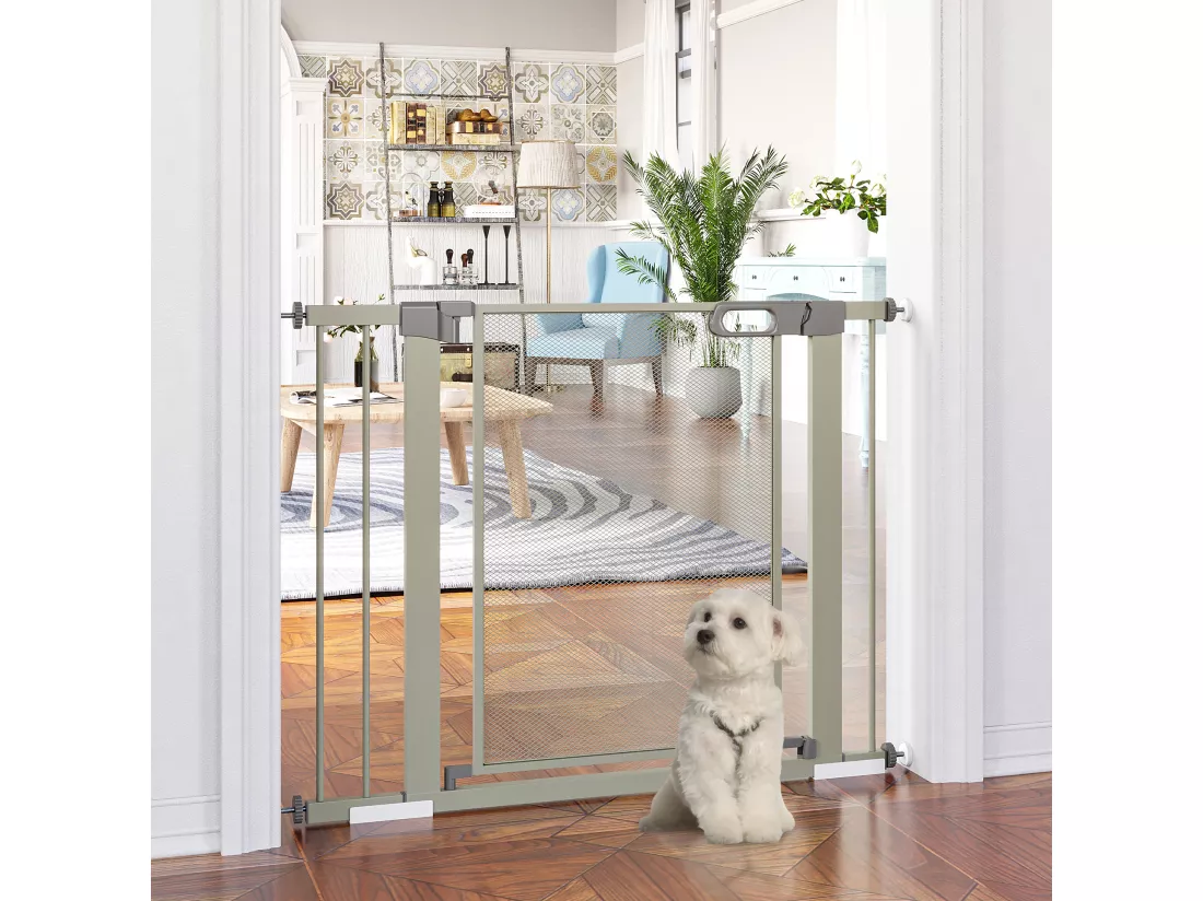 Barrière de sécurité animaux - longueur réglable dim. 75-103 cm - porte double verrouillage, ouverture double sens -sans perçage - acier ABS gris