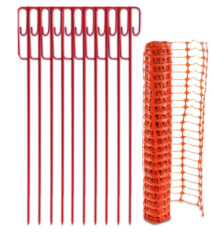 UvV Basis Bouwplaatsafscheiding, Bouwhekwerk op Rol - Set 50m 4kg Oranje Veiligheidshekwerk incl. 10 Rode Afscheidingskoordhouders, Afscheidingsnet, Gaashekwerk, Bouwhekwerk Rol Kunststof