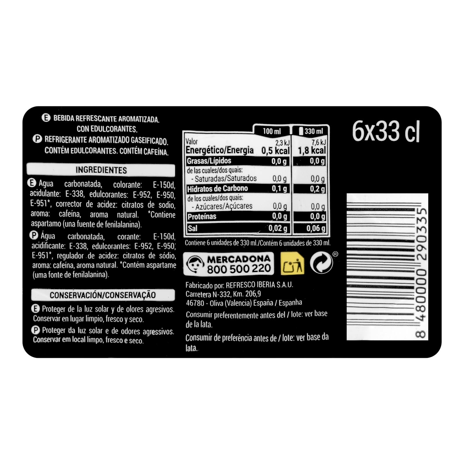 Boisson gazeuse Cola sans sucre Hacendado