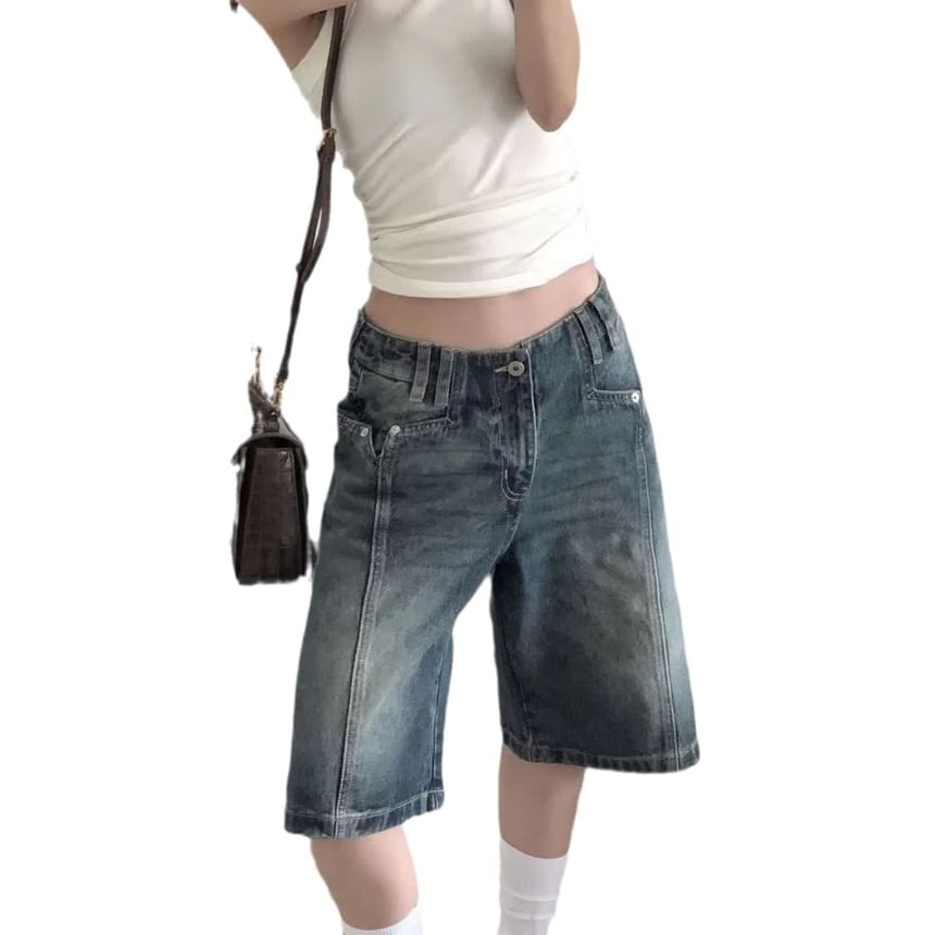 Jerolenea - Low Rise Washed Wide Leg Denim Jorts