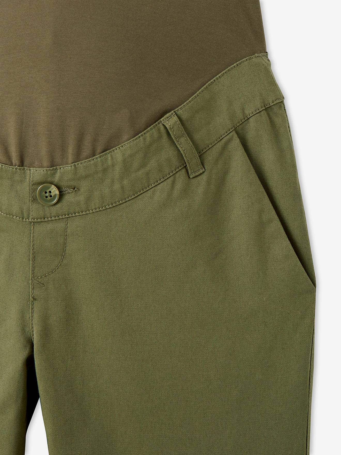 Calças chino lisas de algodão stretch verde-escuro para gestantes.