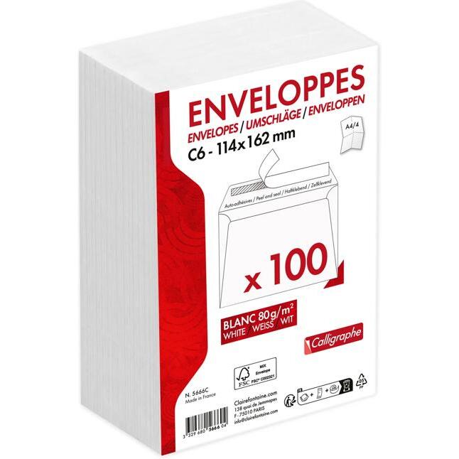 Paquet de 100 Enveloppes Blanches C6-114x162mm - Auto-Adhésives - 80g/m2 - Blanc