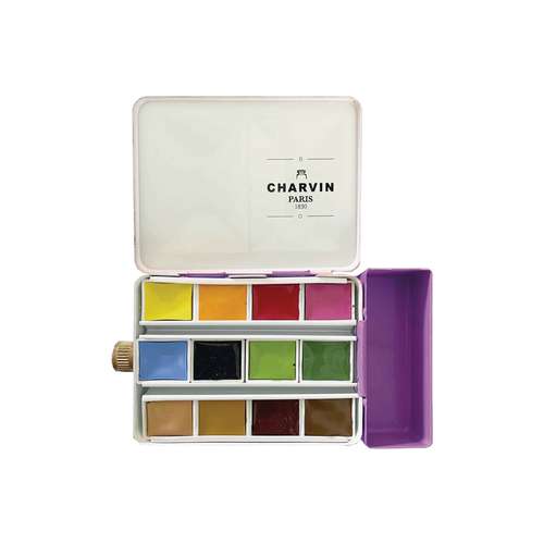 CHARVIN extrafeine Aquarellfarbe, 12 x 1/2 Näpf., Metallkasten mit Wassertank