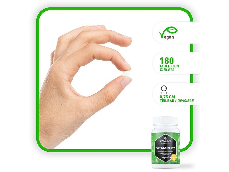 Vitamaze Vitamin K2 180 Tabletten Vegane Nahrungsergänzung für Knochen und Zähne