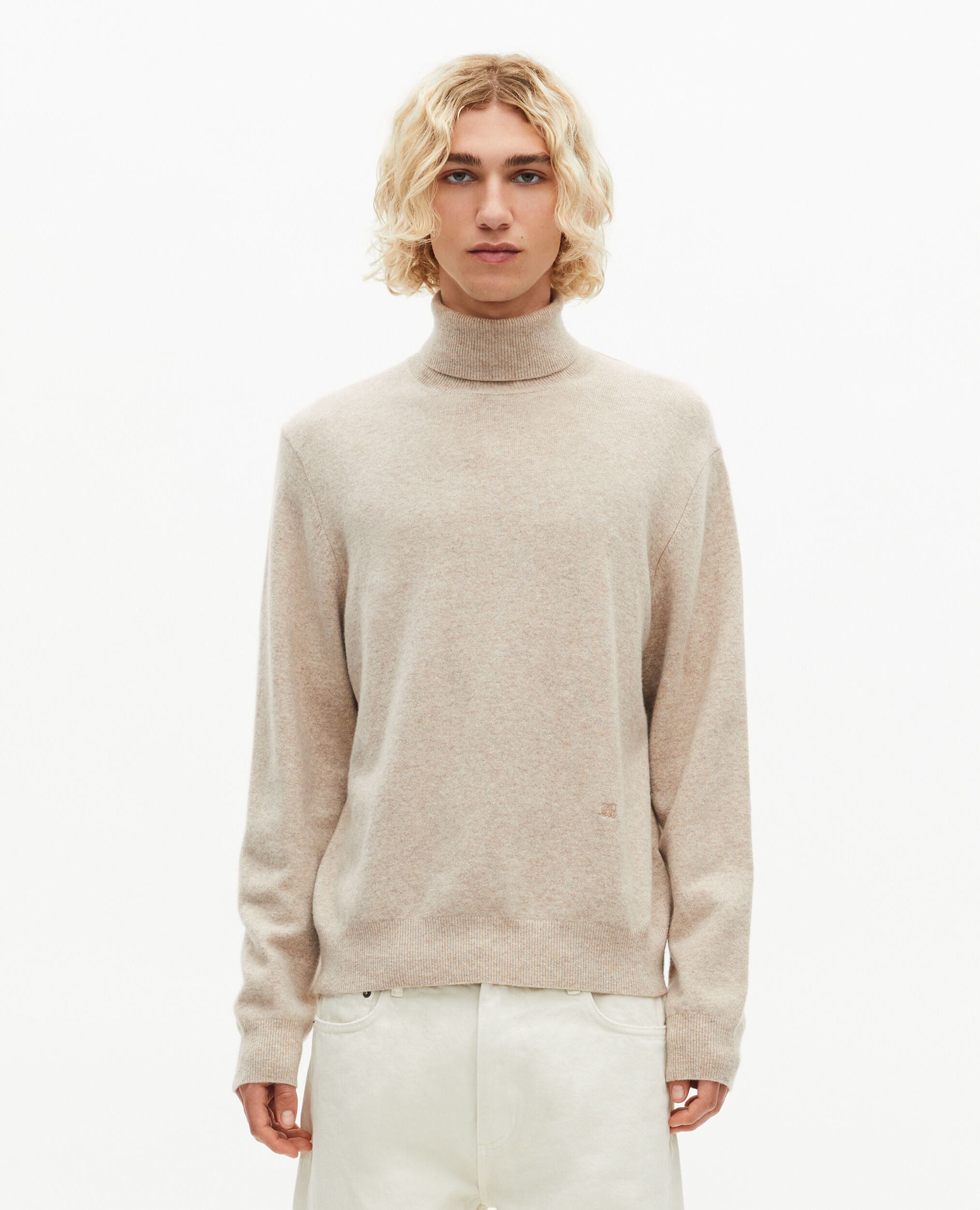 Pull col roulé en cachemire beige