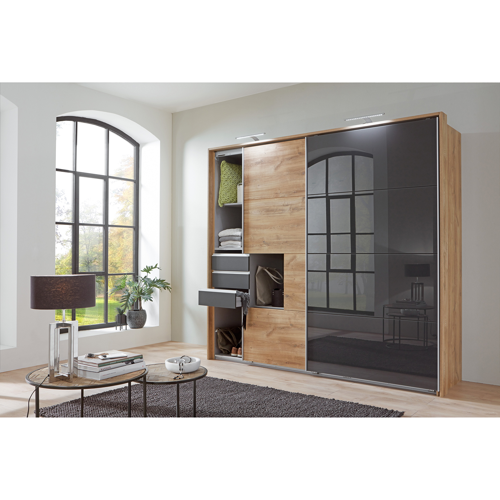 Schwebetürenschrank - Plankeneiche - 3 Schubkästen - 225 cm