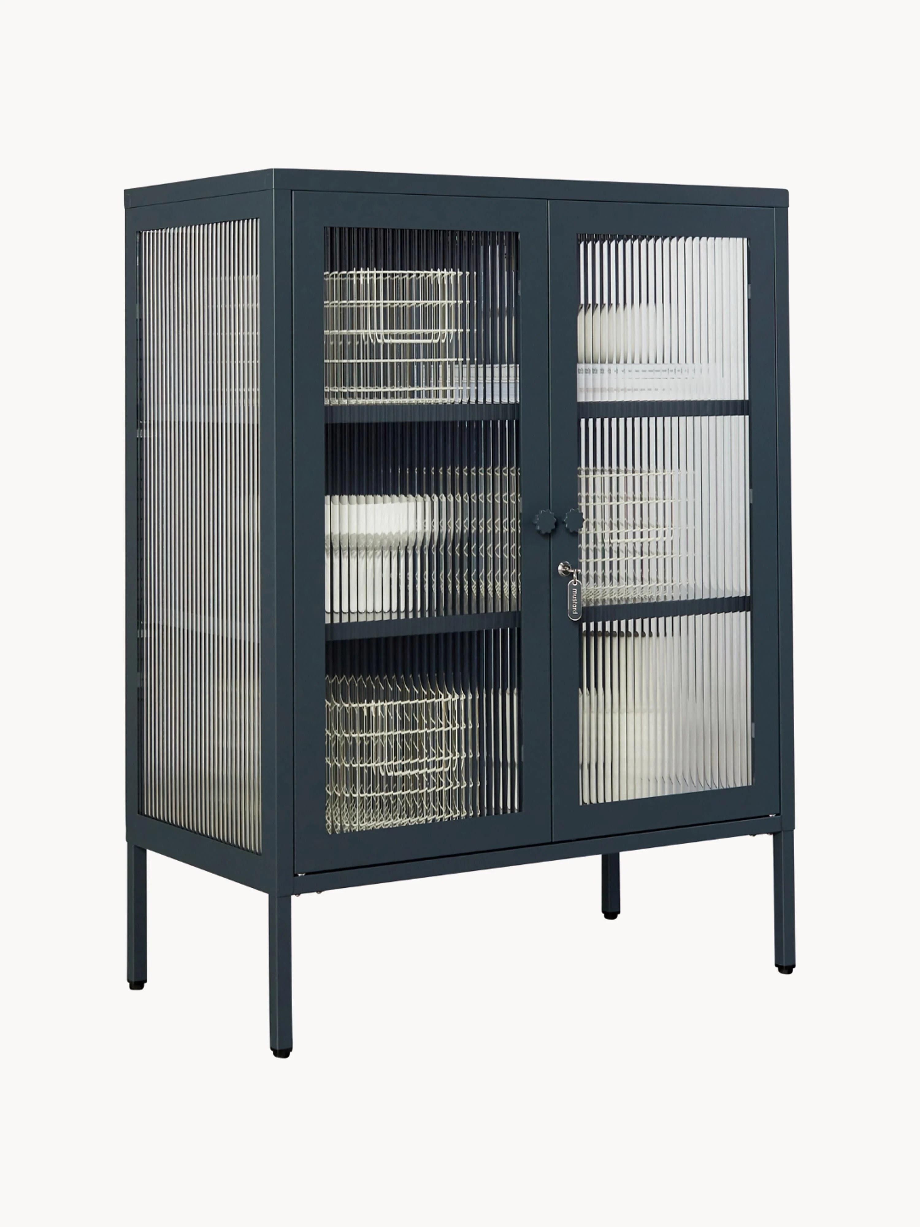 Metalen vitrinekast The Mixer met geribbeld glas