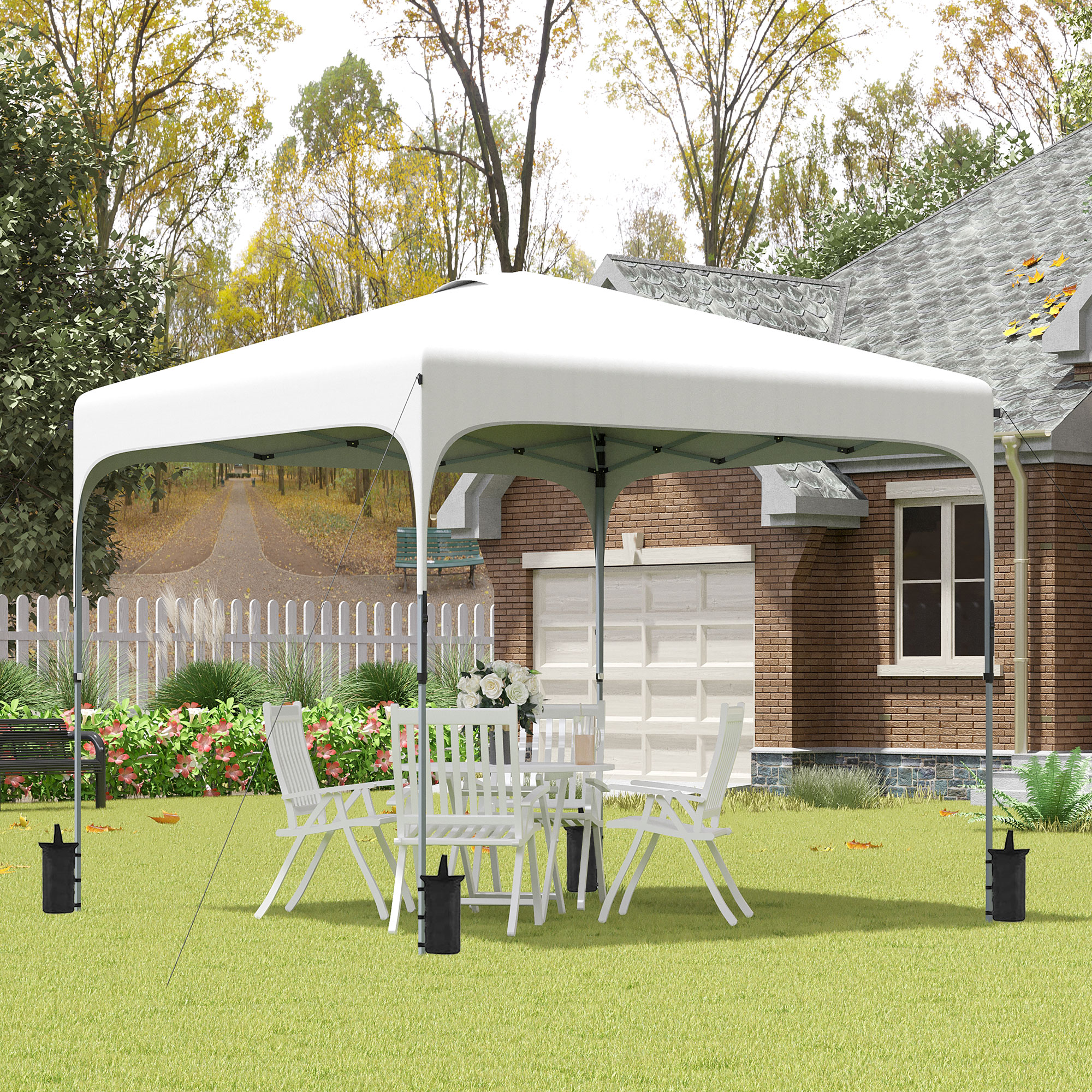 Gazebo dobrável Outsunny 2,5x2,5x2,68 m, tenda de jardim com proteção UV 50+, altura ajustável, 4 sacos de areia e bolsa de transporte para camping, festas e pátios, branco.