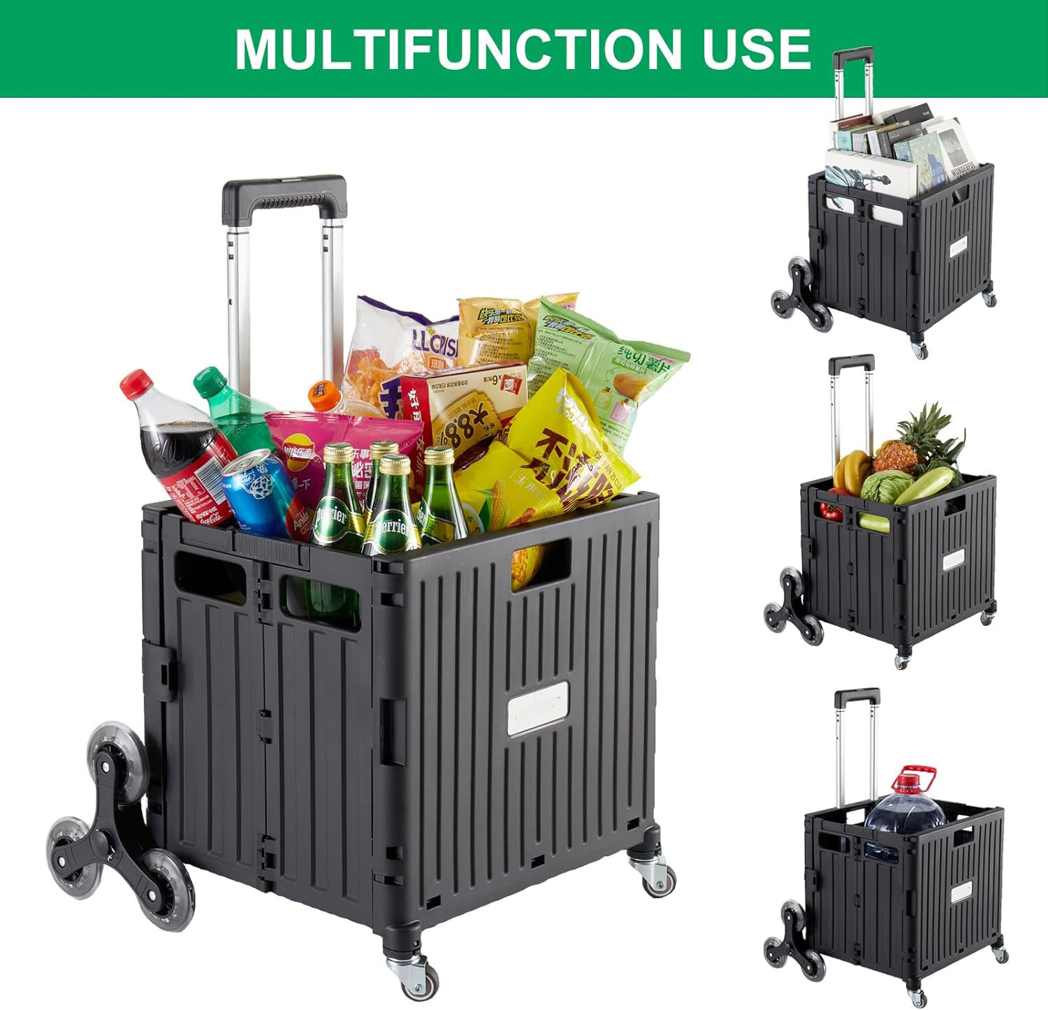 (42x37cm) Klappbarer Einkaufs Trolley Treppenwagen Transportbox Shopping Kiste Umzugswagen mit Rädern / Teleskop Griff - Schwarz