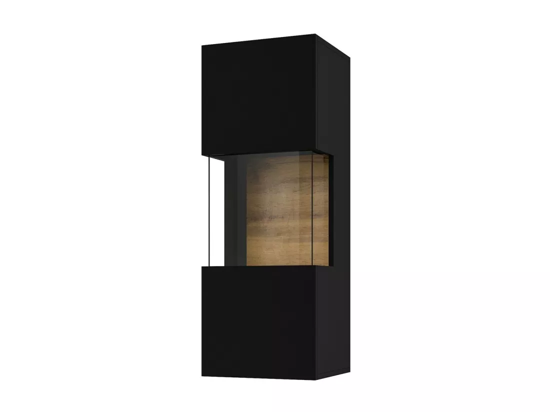 Petite vitrine suspendue 1 porte partiellement vitrée collection EVA. Couleur noir et chêne.