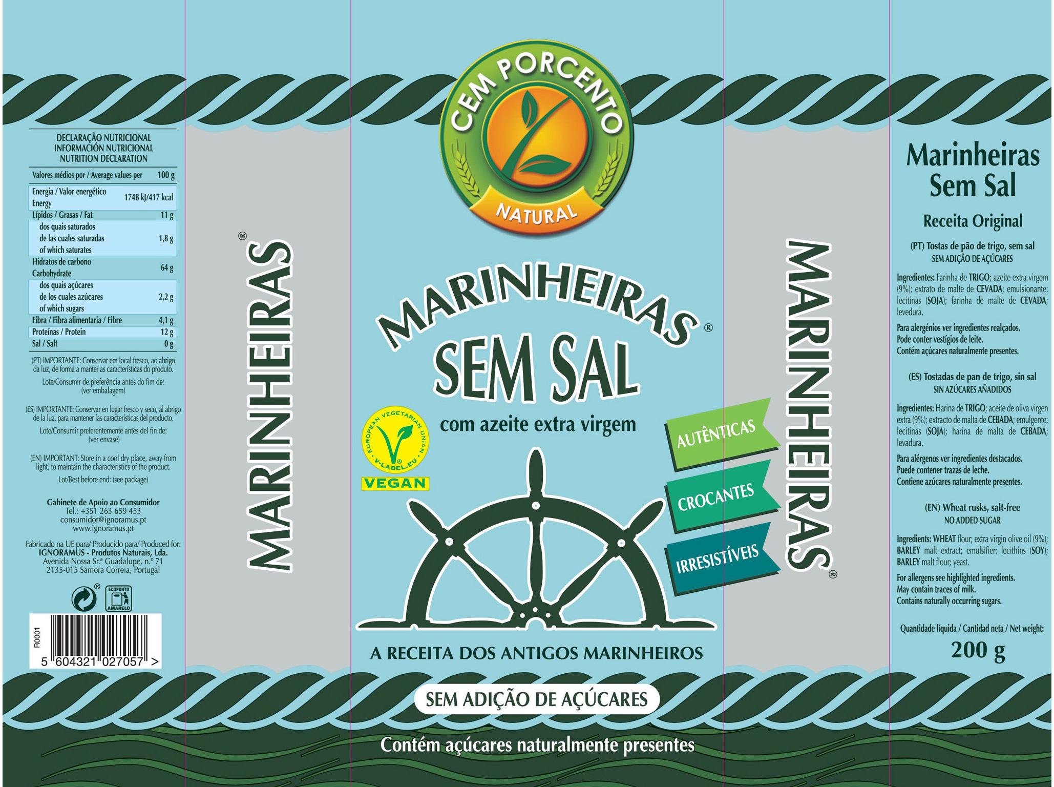 BOLACHAS CEM PORCENTO MARINHEIRAS SEM SAL 200G