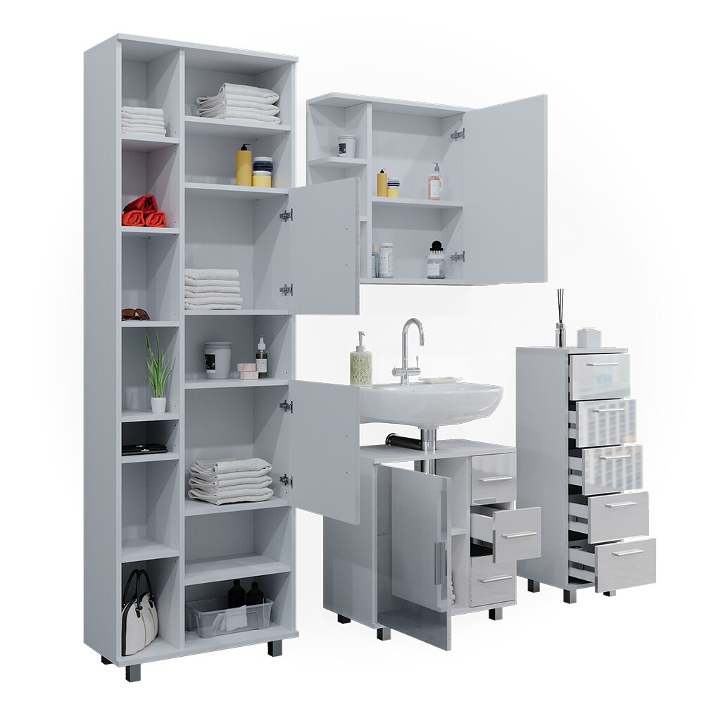Vicco Badmöbelset Ilias Weiß Hochglanz modern Badezimmer Schrank Badschrank Waschtischunterschrank Spiegelschrank Midischrank Hochschrank Schranktür Schrankschublade Schrankfach Ablage Aufbewahrung