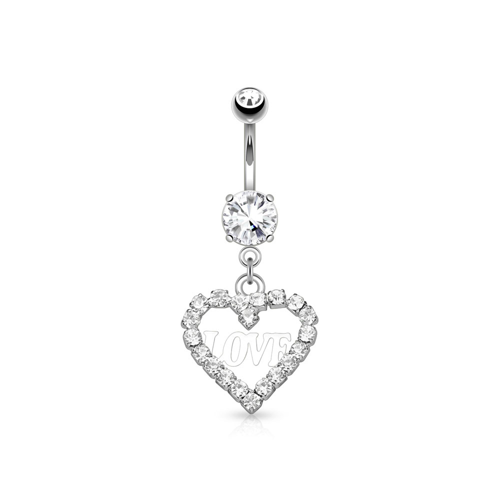 (10mm) 316L Chirurgenstahl Bauchnabelpiercing Gewindeverschluss Love Strass Herz - Silber