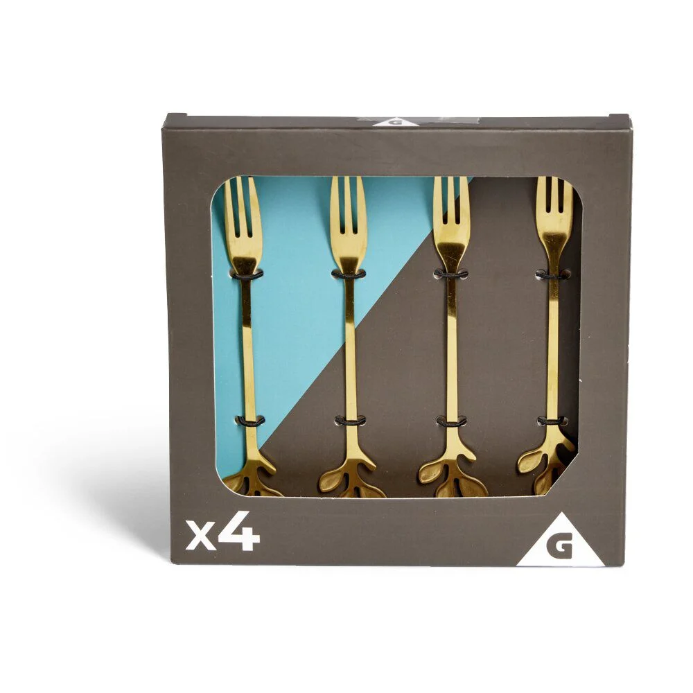 Fourchette à dessert x4 design feuille inox doré L15cm