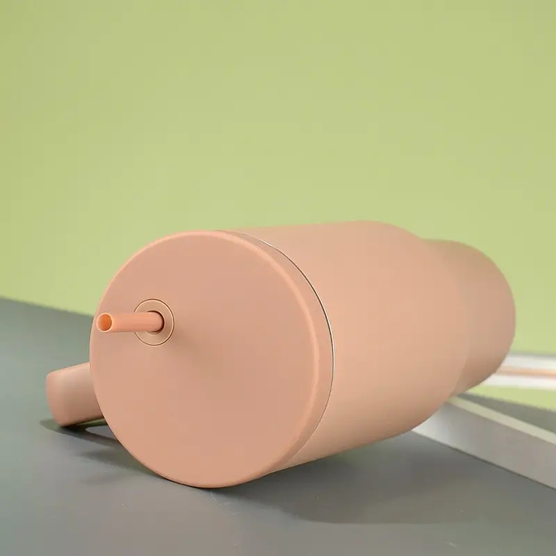 (1L) Edelstahl Thermo Kaffee Becher Doppelwandiger Trinkbecher Thermoskanne mit Deckel   Strohhalm - Schwarz
