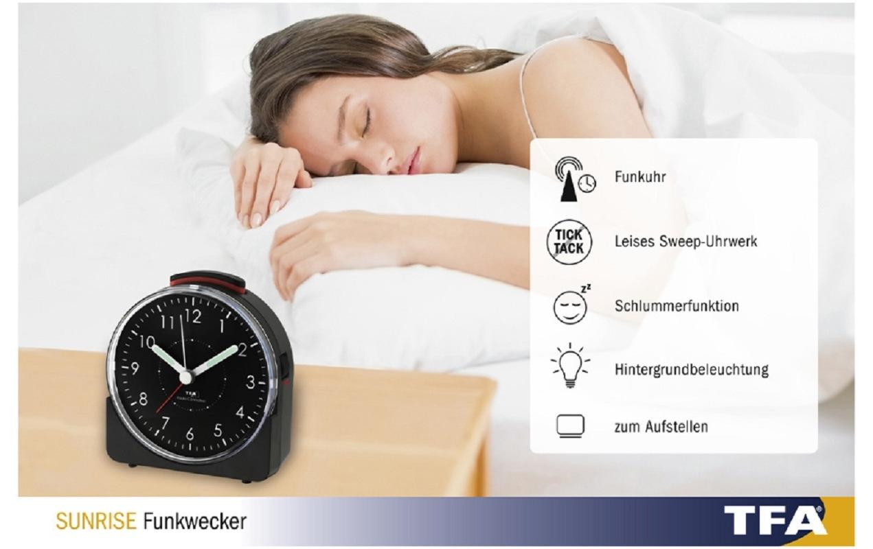 Funkwecker Sunrise SchwarzAnaloger Wecher mit ansteigendem Alarmton