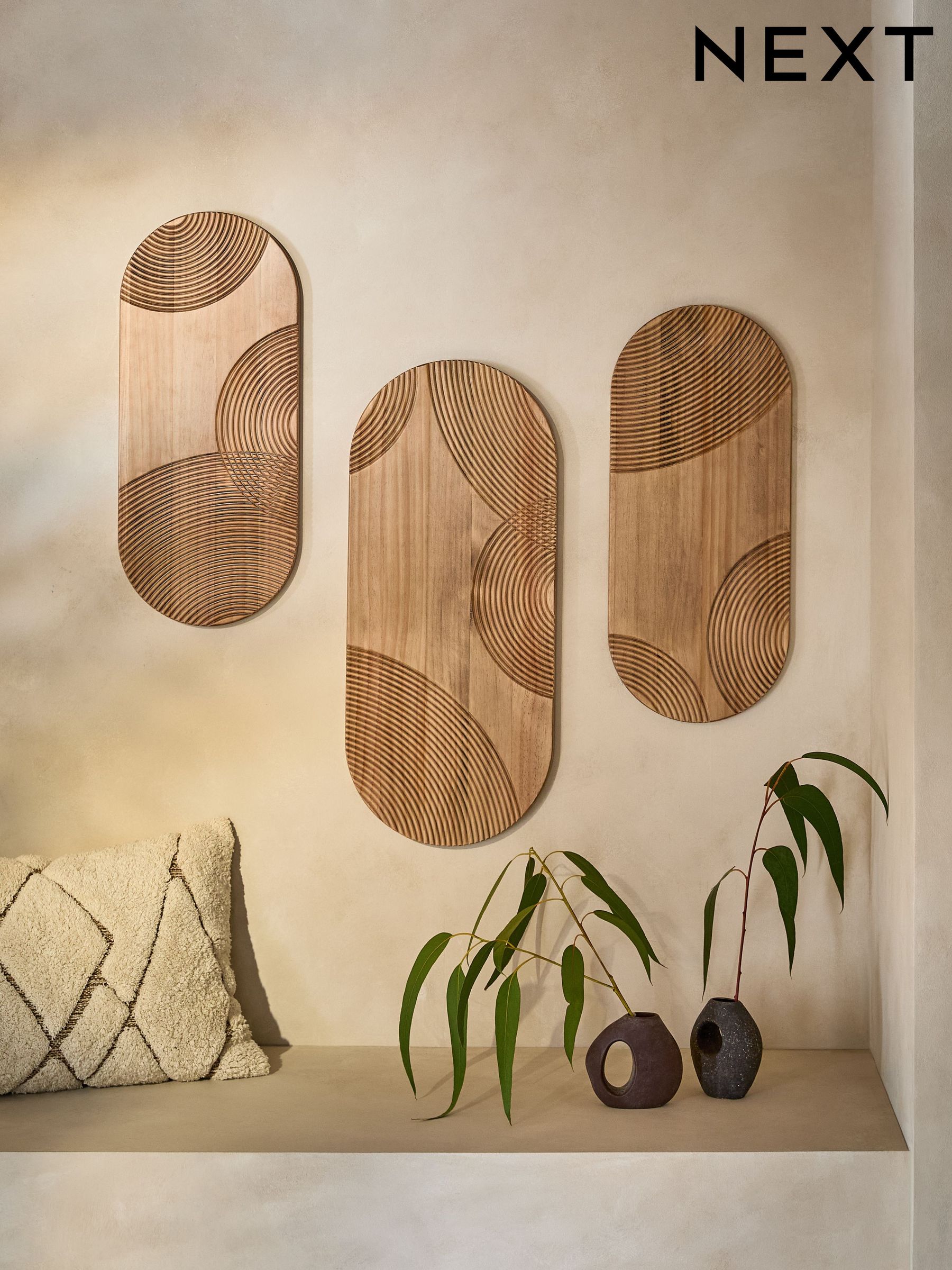 Set of 3 Wooden Global Carved Pill Wall Art