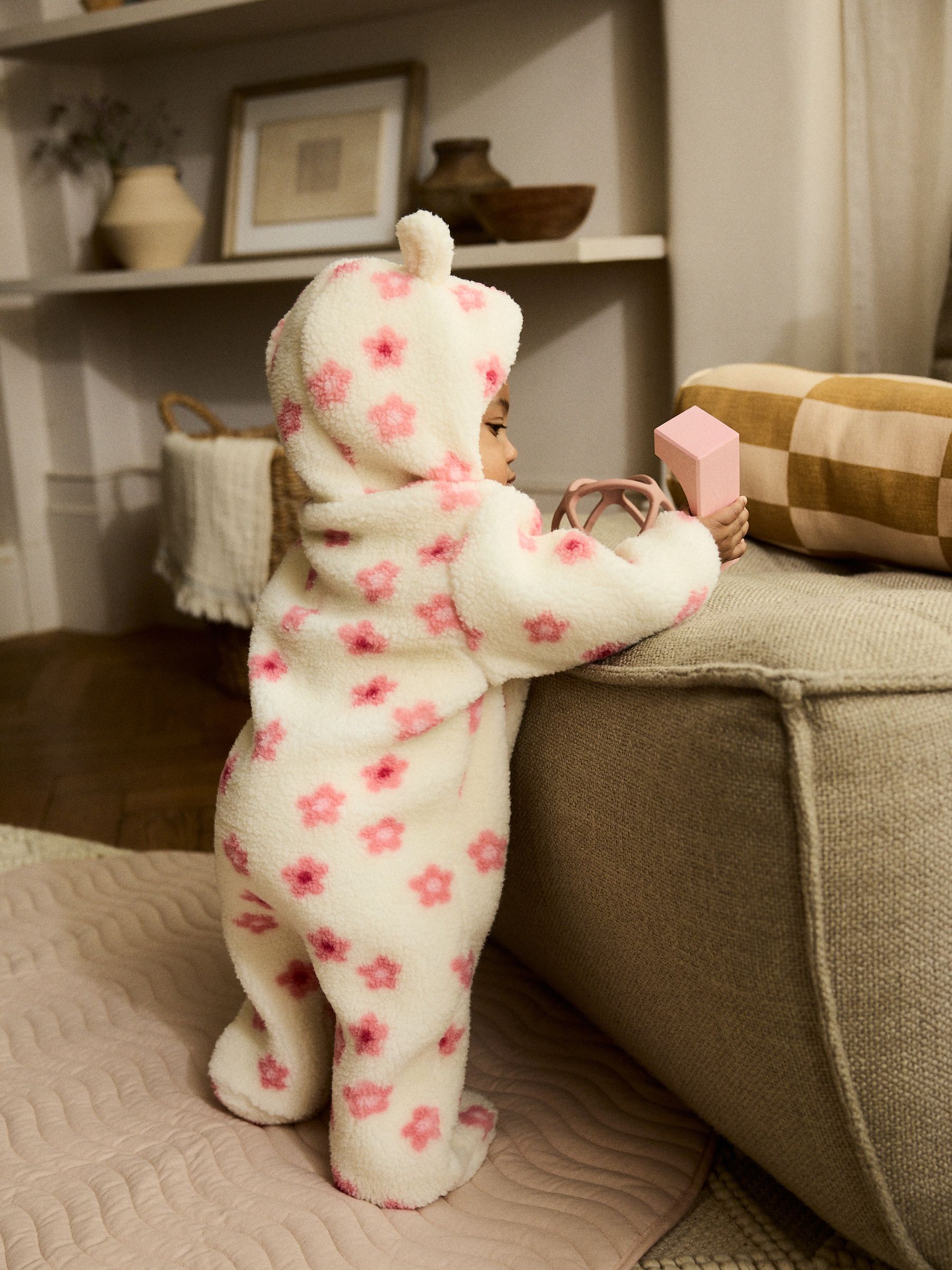 Ecru en roze bloemenprint - Baby borg kinderwagenpak met capuchon (0mnd -2jr)