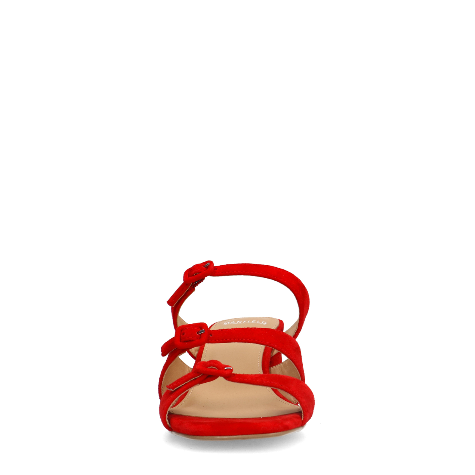 Rode suède sandalen met hak en gespjes