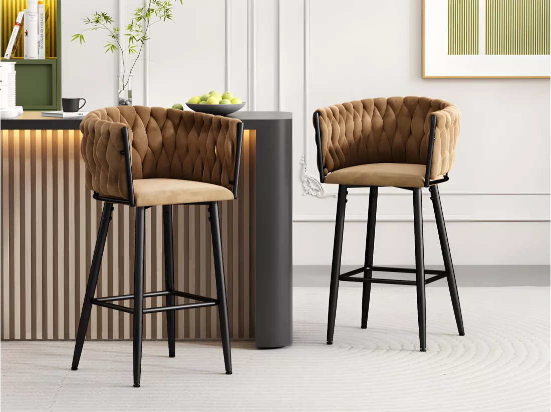 Lot de 2 Tabourets de bar - tissu en velours - pieds en métal - Marron