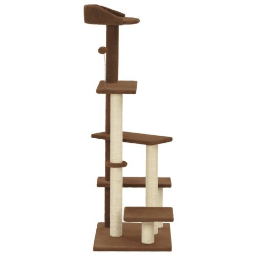 Arranhador marrom para gatos com hastes de sisal.