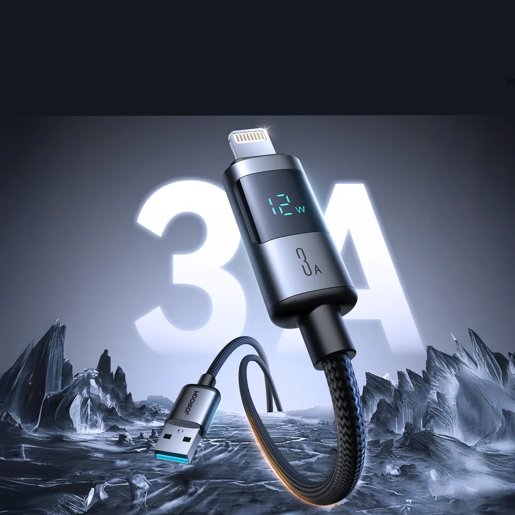 (1.2m) 12W/3A USB A auf Lightning Ladekabel Nylon Datenkabel mit LED Spannungs Anzeige - Schwarz
